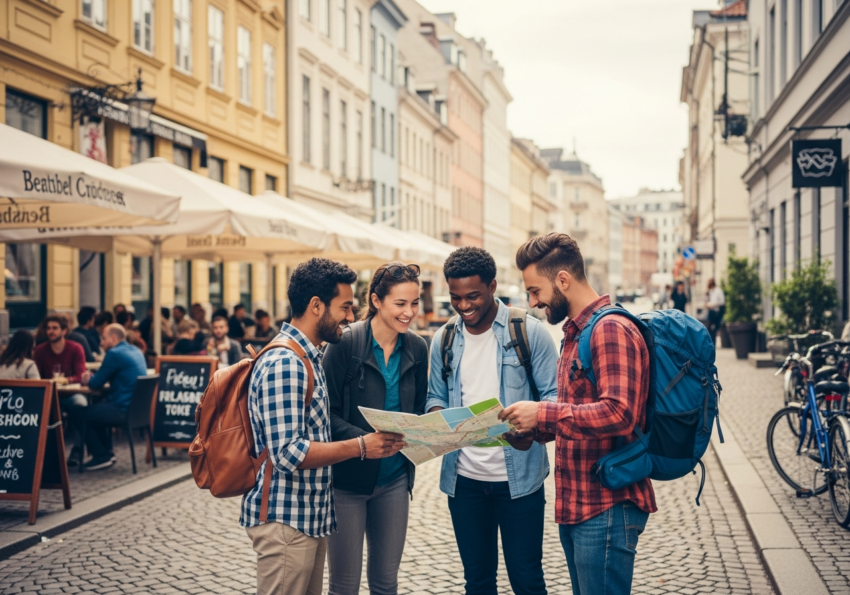Młodzi ludzie zwiedzający europejskie miasto